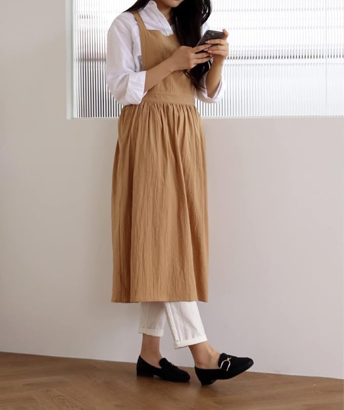 Cute Retro Cotton Linen X-Back Aprons Home Kitchen Garden Art Painting Pinafore Florist Shop Overalls