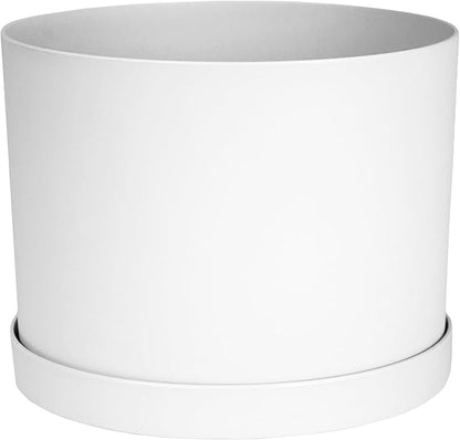 Bloem Mathers 8" White Round Modern Resin Garden Planter Pot with Drainage Holes and Removable Saucer Tray Included