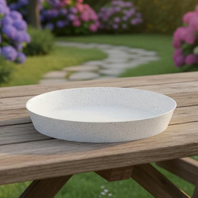 6 inch (4.5" Base) Case of 5 Plant Saucers - White Granite Colored Polypropylene,Heavy Duty Indoor/Outdoor Pan,Collects Flower Pot Drainage and Excess Water, Made in USA