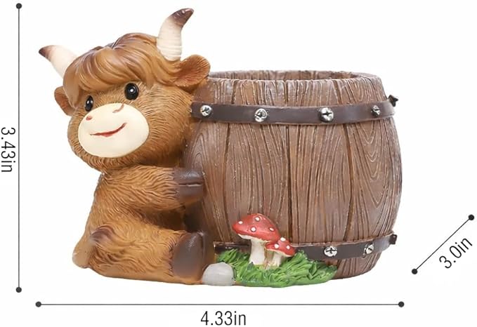 Highland Cow Succulent Planter with Drainage Hole & Plug, Mini Resin Cow Flower Pot for Indoor Outdoor Plants, Cute Animal Planter for Home & Garden Decor (D)