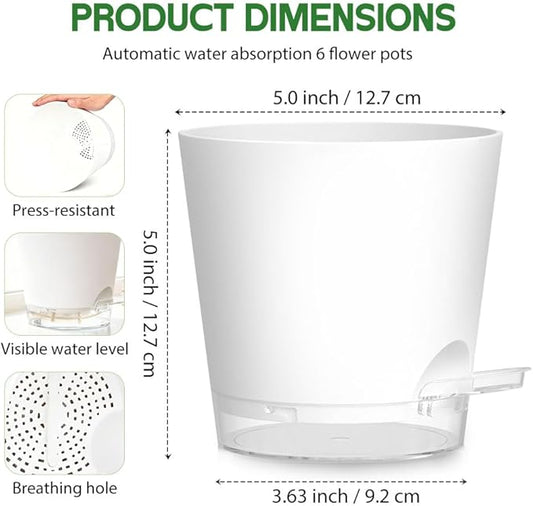 Self Watering Pots for Plants, 2026 New Flower Plant Pots with Drainage Holes, Wicking and Clear Reservoirs for Succulent, Aloe, Cacti and Others - 6 Pack (White, 5")