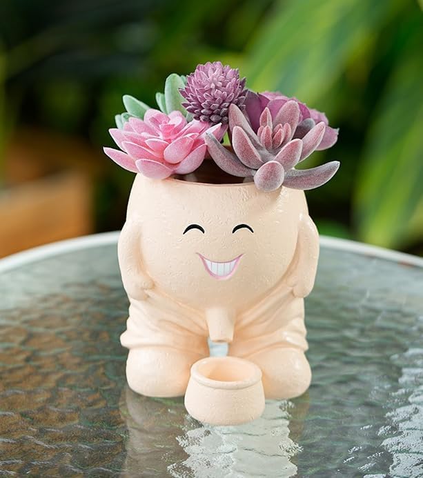 Quirky Creative Planter with Smiley Face,Naughty Boy Plant Face Pot with Drainage Hole,for Indoor Outdoor, Christmas, (Naughty Boy,Khaki)