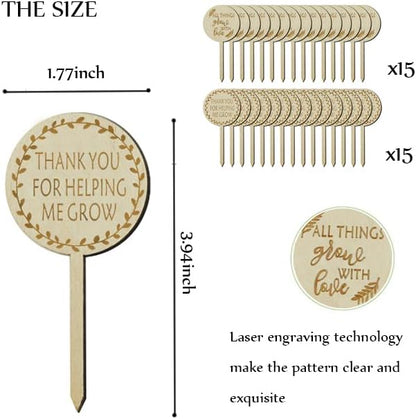 Plant Labels All Things Grow with Love Tags Thank You for Helping Me Grow Plant Markers,Round Plant Stakes Labels Wooden Succulent Tag for Seed Flowers Garden Potted Plants,30 Pack