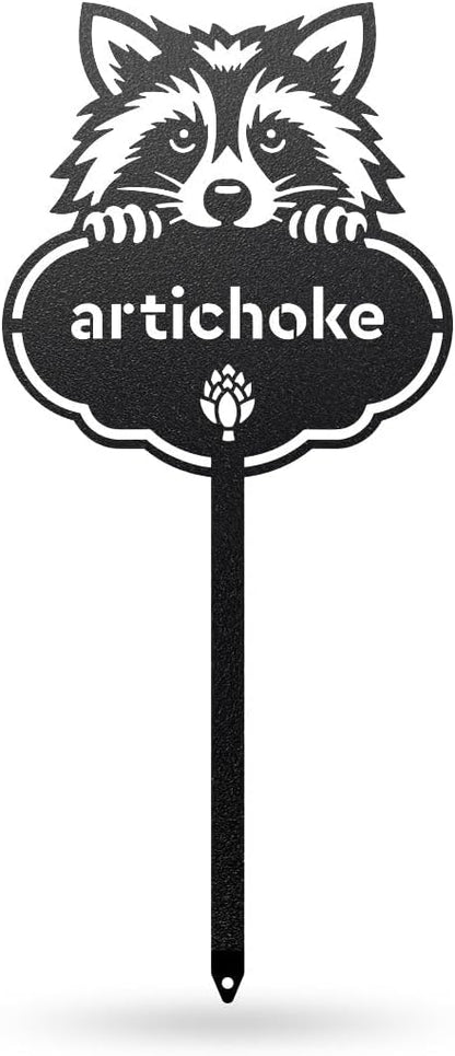 RealSteel Rocky The Raccoon Plant Markers – Cute Metal Garden Labels for Herbs & Vegetables | Outdoor Steel Plant Stakes for Garden, Greenhouse & Raised Beds | Gardening Gift | USA (ARTICHOKE-B-6X13)