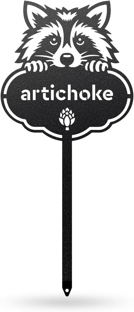 RealSteel Rocky The Raccoon Plant Markers – Cute Metal Garden Labels for Herbs & Vegetables | Outdoor Steel Plant Stakes for Garden, Greenhouse & Raised Beds | Gardening Gift | USA (ARTICHOKE-B-6X13)