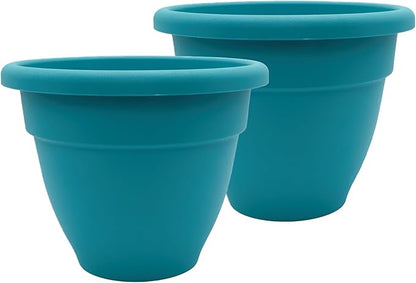 The HC Companies 14 Inch Caribbean Planter Pots with Drainage & Plug, Rolled Rim Plastic Planters for Indoor & Outdoor Plants, 2-Pack Decorative Flower Pots for Garden, Office & Home Decor, Dusty Teal