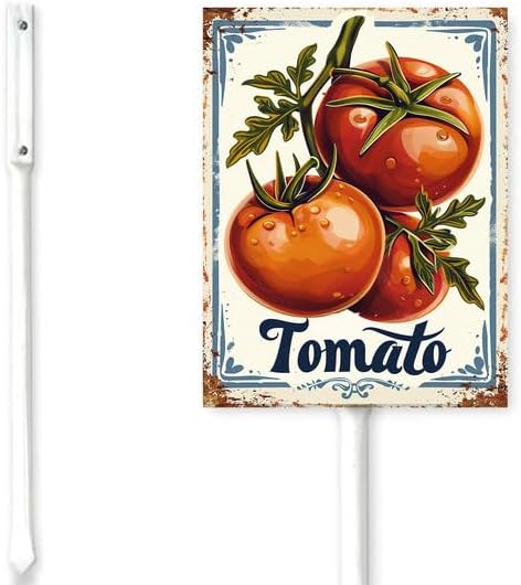 Bidesign (8X12) IN Tomato Aluminum Vegetable Garden Sign With Stake Plant Marker Vegetable Garden Stake With Vegetable Name For Nursery Vegetable Garden Fence Decoration Outdoor