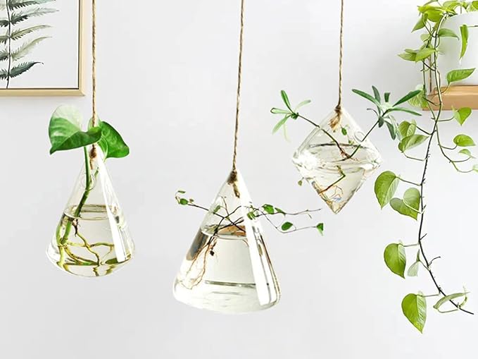 Kingbuy Hanging Glass Terrarium Propogation Planter Geometric Vase with Strings for Propagation Hydroponic Plant Home Garden Decor, 3 Type