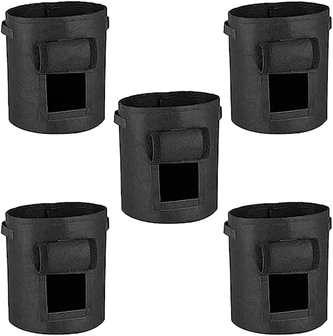 Ulalaza 5PCS Potato Grow Bags with Flap Plant Grow Bags Fabric Multi Ribbon Potato Bag Tomato Vegetable Growth Non-Woven Felt Planting Bag Transparent