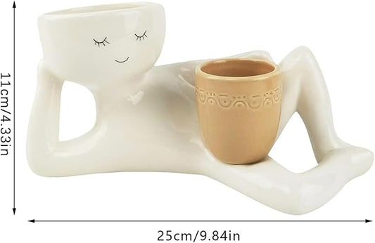 Lazy Guy Planter - Funny Smiling Face Resin Flower Pot with Double Drainage Hole, Cute Lying Down Figure Succulent & Cactus Planter, Unique Home Garden Decor Gift for Family & Friends (Red)