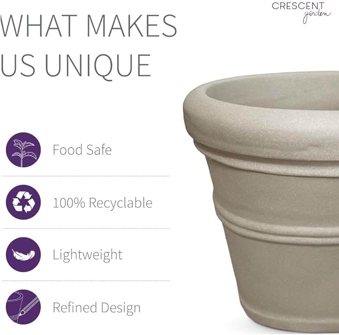 Crescent Garden Brunello Classic Rolled Rim Planter Pot, Indoor/Outdoor Weather-Safe Round Plant Pot, Small Plastic Houseplant Pot for Herbs, Succulents, Faux Plants - 12'' W (Parchment)