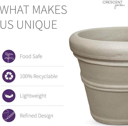 Crescent Garden Brunello Classic Rolled Rim Planter, Indoor/Outdoor Weather-Safe Round Plant Pot, Large Plastic Flowerpot for Flowers, Faux Plants, Trees - 27'' W (Parchment)