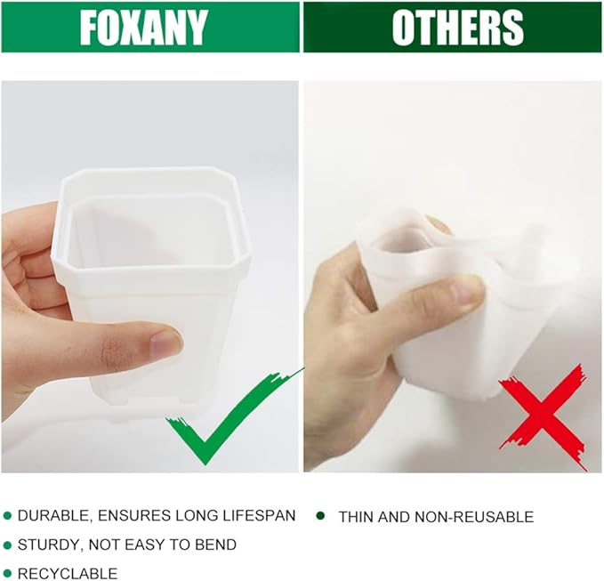 foxany 30 Pcs 3" Nursery Pot, Thick Plastic Square Flower Planting Pots, Plant Seedling Pots, 30 Seed Starting Pots with 30 Saucers - White