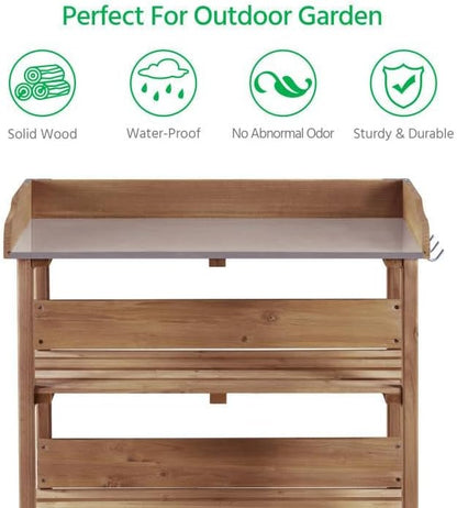 Topeakmart Potting Bench Table w/Metal Tabletop for Garden, Fir Wood Workstation w/3 Tier Shelves, Outdoor Work Bench w/Hook Brown