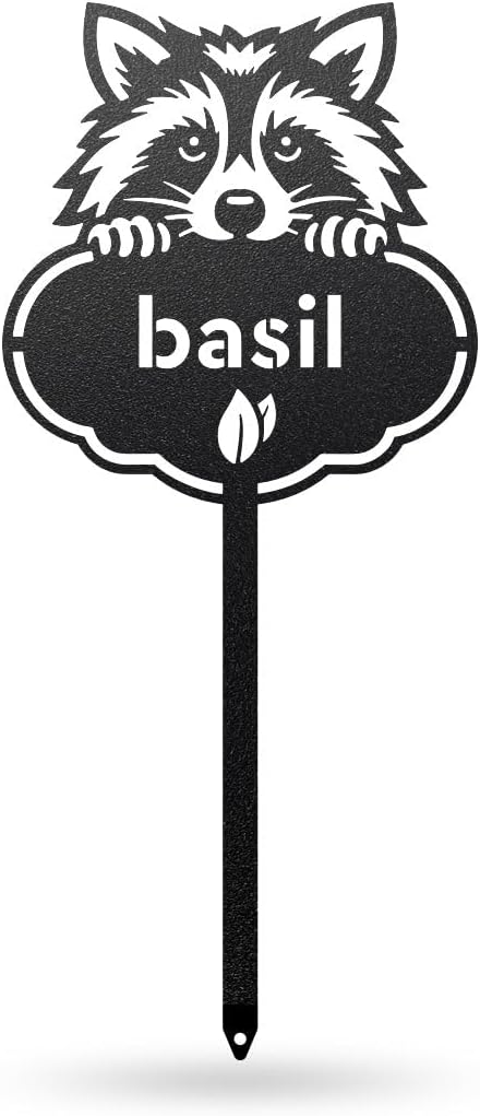 RealSteel Rocky The Raccoon Plant Markers – Cute Metal Garden Labels for Herbs & Vegetables | Outdoor Steel Plant Stakes for Garden, Greenhouse & Raised Beds | Gardening Gift | USA (BASIL-B-6X13)