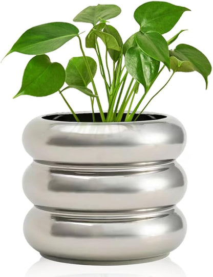 4.7 Inch Modern Plant Pot Silver Ceramic Glaze Succulent Planters for Indoor Unique Pots, Planter with Drainage Holes Small Bubble Porcelain for Herb Snake Plants