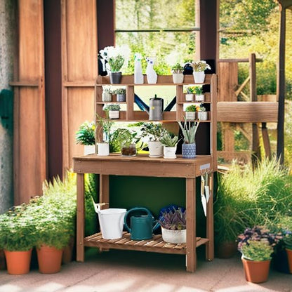 Yaheetech Potting Bench Table Horticulture Germination Table & Outdoor Garden Work Bench Platform w/Display Rack/Storage Shelf/Hanger/Thoughtful Sink Brown