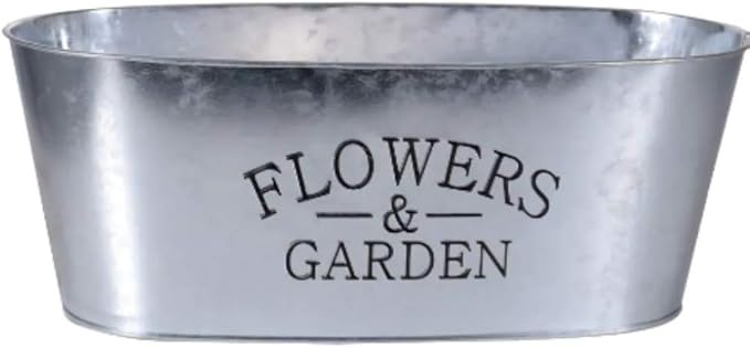 4 Pack - Oval Galvanized"Flowers & Garden" Metal Planter Pots - Perfect for Parties, Weddings & Decorations