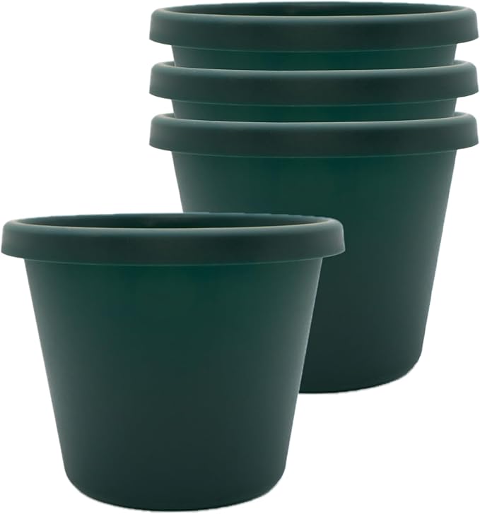 The HC Companies 8 Inch Prima Round Planter Pots with Drainage Holes and Rolled Rim, Lightweight UV-Resistant Plastic Indoor & Outdoor Planters, 4-Pack Flower Pots for Garden & Home Decor, Evergreen