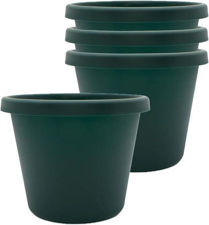 The HC Companies 8 Inch Prima Round Planter Pots with Drainage Holes and Rolled Rim, Lightweight UV-Resistant Plastic Indoor & Outdoor Planters, 4-Pack Flower Pots for Garden & Home Decor, Evergreen