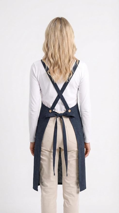 Pure Linen Cross Back Apron Dress, Adjustable Waist & 2 Pockets. Unisex Kitchen & Server Apron, 26.5"x33.5".