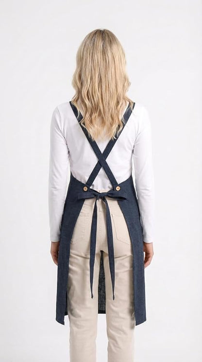 Pure Linen Cross Back Apron Dress, Adjustable Waist & 2 Pockets. Unisex Kitchen & Server Apron, 26.5"x33.5".