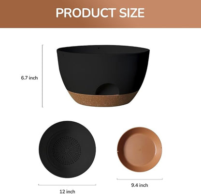 12 Inch Large Self Watering Pots, 2 Pack Plant Pots with Drainage Holes and Saucers, Self Watering Planter for Indoor Outdoor Garden Plants and Flowers (Black)