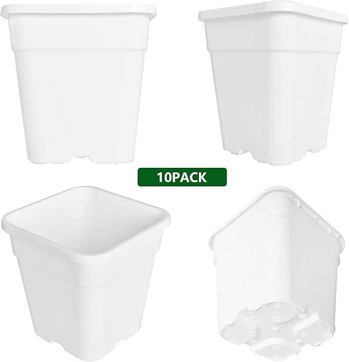 10-Pack 1 Gallon Square Planter Nursery Pots - Injection Molded Plastic Gardening Pots for Indoor & Outdoor Vegetables, Succulents, White