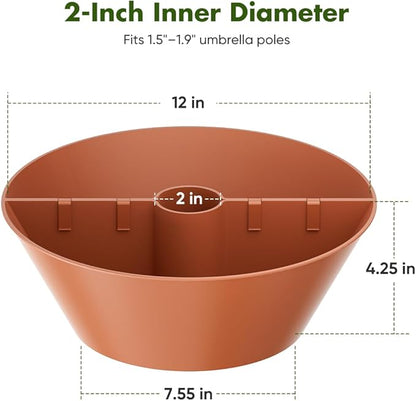 Koutemie 2-in-1 Umbrella Planter for Patio Table & Pole, Half Round Flower Planters Pots with Umbrella Hole Fits Poles Up to 2” Diameter, PVC Post Planter Wrap Around Umbrella for Garden, Brown