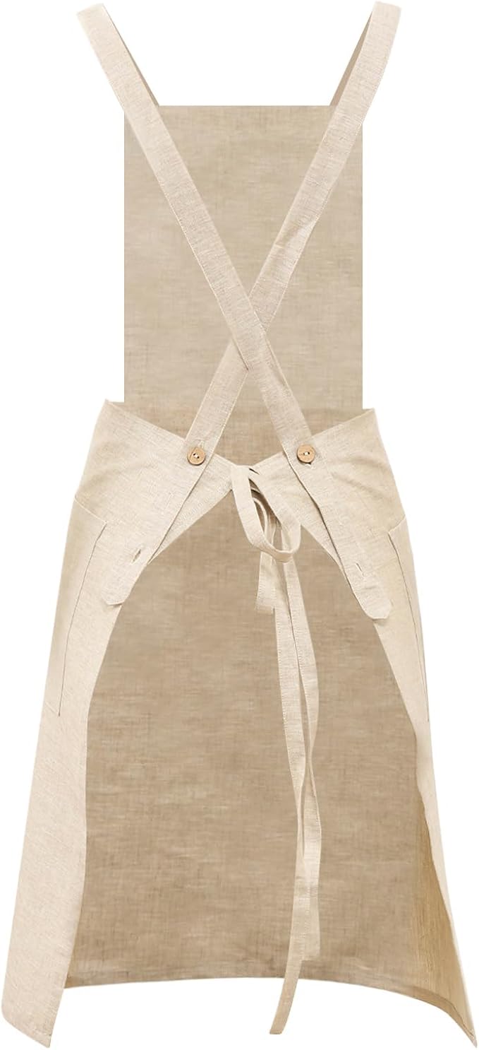 Pure Linen Cross Back Apron Dress, Adjustable Waist & 2 Pockets. Unisex Kitchen & Server Apron, 26.5"x33.5".