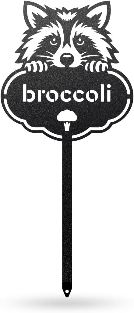 RealSteel Rocky The Raccoon Plant Markers – Cute Metal Garden Labels for Herbs & Vegetables | Outdoor Steel Plant Stakes for Garden, Greenhouse & Raised Beds | Gardening Gift | USA (BROCCOLI-B-6X13)