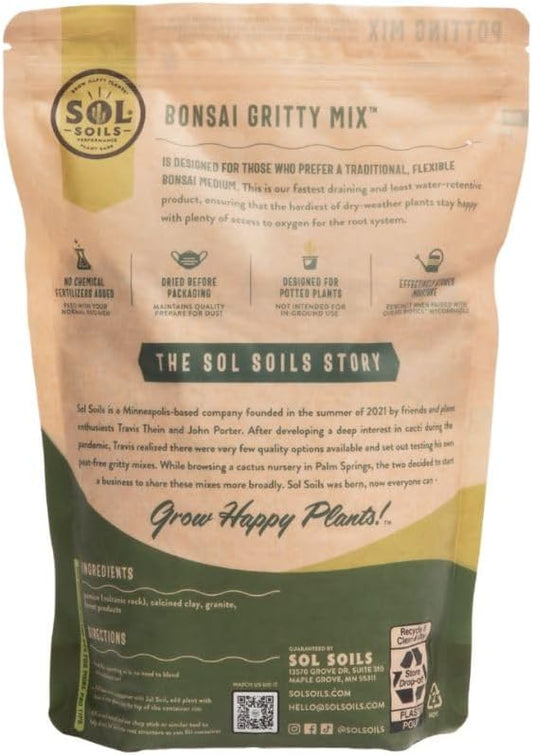 Sol Soils Gritty Bonsai Soil Potting Mix - Fast Draining and Peat Moss Free with Pine Bark, Granite, Pumice, & Calcined Clay for Indoor and Outdoor Plants - 1 Quart