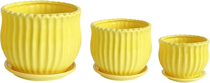 Yellow Ceramic Flower Pots with Saucers, Modern Round Ceramic Succulent Plant Pots with Stripe Texture, Small to Medium Sized, Set of 3