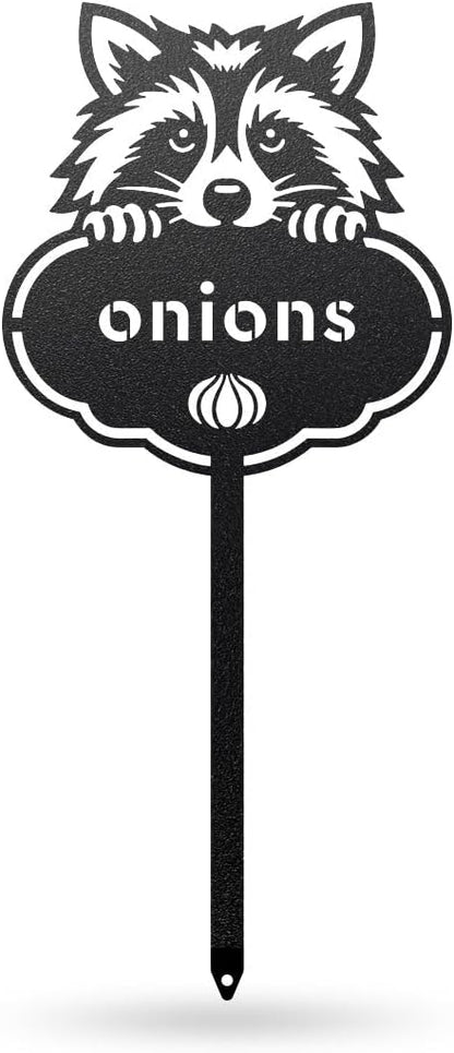 RealSteel Rocky The Raccoon Plant Markers – Cute Metal Garden Labels for Herbs & Vegetables | Outdoor Steel Plant Stakes for Garden, Greenhouse & Raised Beds | Gardening Gift | USA (ONIONS-B-6X13)