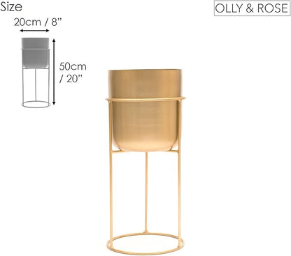 Olly & Rose Matt Metal Plant Pot with Gold Plant Stand - Tall 20 Inch Height Large Plant Pot Indoors with Stand - Large Decorative Planter