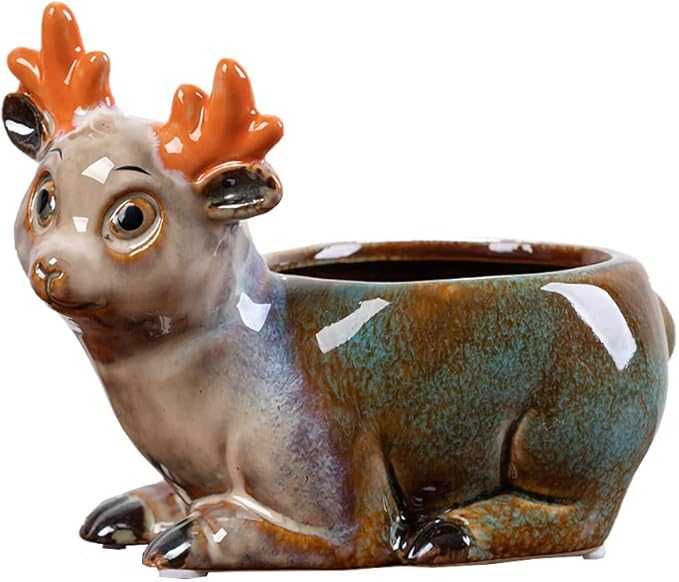 WAIT FLY Cute Animal Ceramic Flower Pot Succulent Planter-Deer
