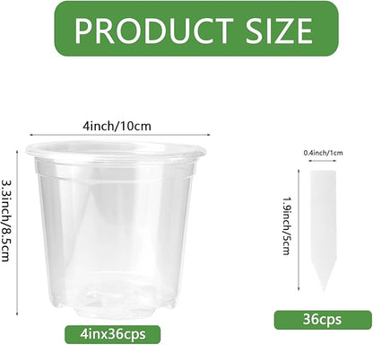 Wironlst 36 Packs 4 Inch Clear Nursery Pots for Plants, Transparent Plastic Pots for Plants with Drainage Holes Durable Seed Starter Pot Flower Pots with 36 Plant Labels