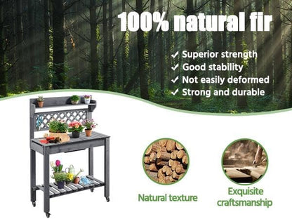 Yaheetech Potting Bench Table Outdoor Garden Potting Table Wooden Workstation w/Sliding Tabletop Removable Sink w/Storage Shelf Flower Pot Bench Mobile Garden Potting Bench Gray