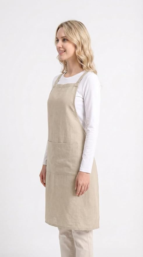 Pure Linen Cross Back Apron Dress, Adjustable Waist & 2 Pockets. Unisex Kitchen & Server Apron, 26.5"x33.5".
