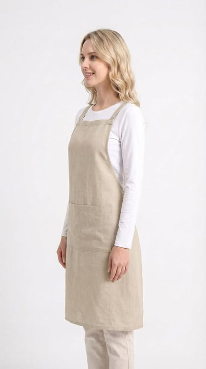 Pure Linen Cross Back Apron Dress, Adjustable Waist & 2 Pockets. Unisex Kitchen & Server Apron, 26.5"x33.5".