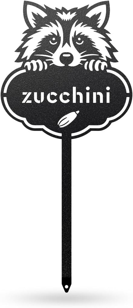 RealSteel Rocky The Raccoon Plant Markers – Cute Metal Garden Labels for Herbs & Vegetables | Outdoor Steel Plant Stakes for Garden, Greenhouse & Raised Beds | Gardening Gift | USA (ZUCCHINI-B-6X13)