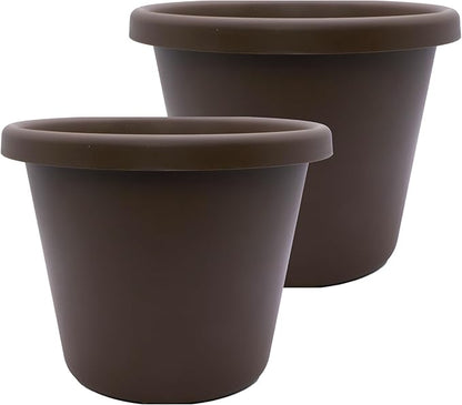 The HC Companies 14 Inch Classic Round Planter Pots with Drainage, Rolled Rim Plastic Planters for Indoor & Outdoor Plants, 2-Pack Decorative Flower Pots for Garden, Office & Home Decor, Chocolate