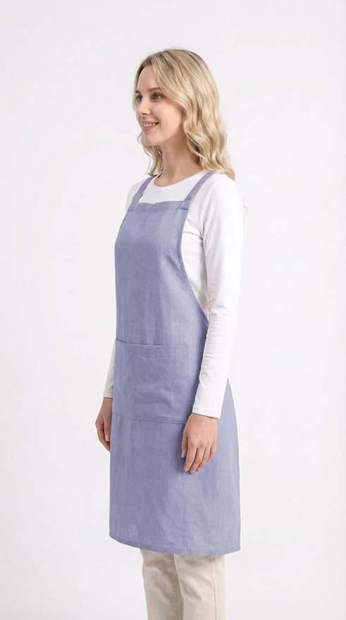 Pure Linen Cross Back Apron Dress, Adjustable Waist & 2 Pockets. Unisex Kitchen & Server Apron, 26.5"x33.5".