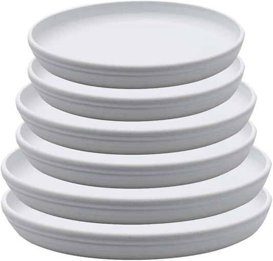 SAROSORA Round Plastic Plant Saucer Drip Tray Set of 6 for Indoor Outdoor Home Garden Flower Plant Container Flower Pot Pallets ((9.4''+10.4"+12'') x2, White-Grey)