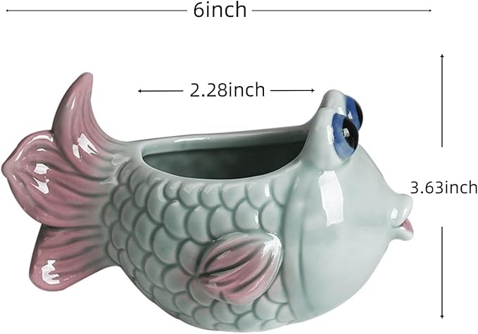 6 Inch Vintage Tropical Fish Ceramic Planter, Cute Cartoon Succulent Cactus Bonsai Pot, Air Plant Holder Display Container for Home Office Desk Shelf Windowsill Decor (No Plants)
