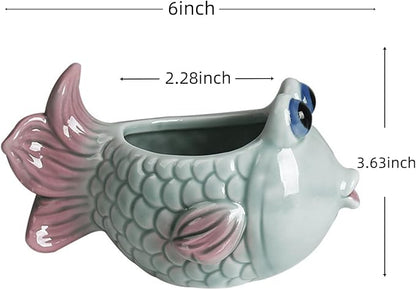 6 Inch Vintage Tropical Fish Ceramic Planter, Cute Cartoon Succulent Cactus Bonsai Pot, Air Plant Holder Display Container for Home Office Desk Shelf Windowsill Decor (No Plants)