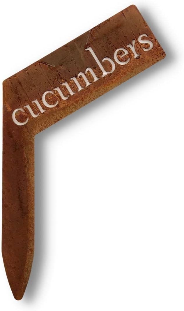 Planter Size Small Metal Garden Plant Vegetable Flower or Herb Markers 13.5 Inches Tall (cucumbers, Naturally Rusted)