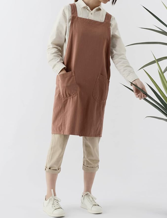 Soft Cotton Linen Apron for Women - Non-tie Cross Back Apron with Pockets, Great for Florist and Kitchen