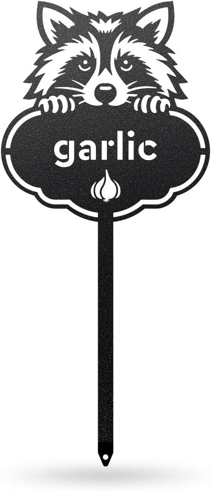 RealSteel Rocky The Raccoon Plant Markers – Cute Metal Garden Labels for Herbs & Vegetables | Outdoor Steel Plant Stakes for Garden, Greenhouse & Raised Beds | Gardening Gift | USA (GARLIC-B-6X13)