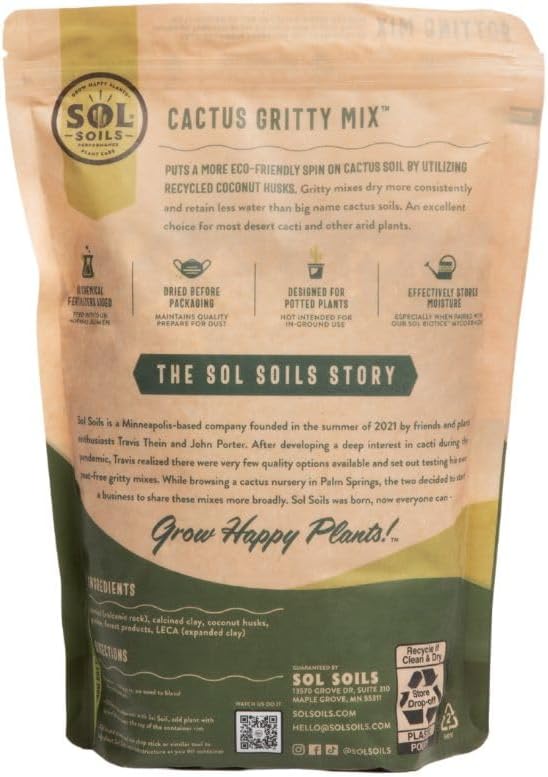 Sol Soils Gritty Cactus Soil Potting Mix - Fast Draining and Peat Moss Free with Coconut Husk Chips, Granite, Calcined Clay & Pumice for Indoor and Outdoor Plants - 1 Quart